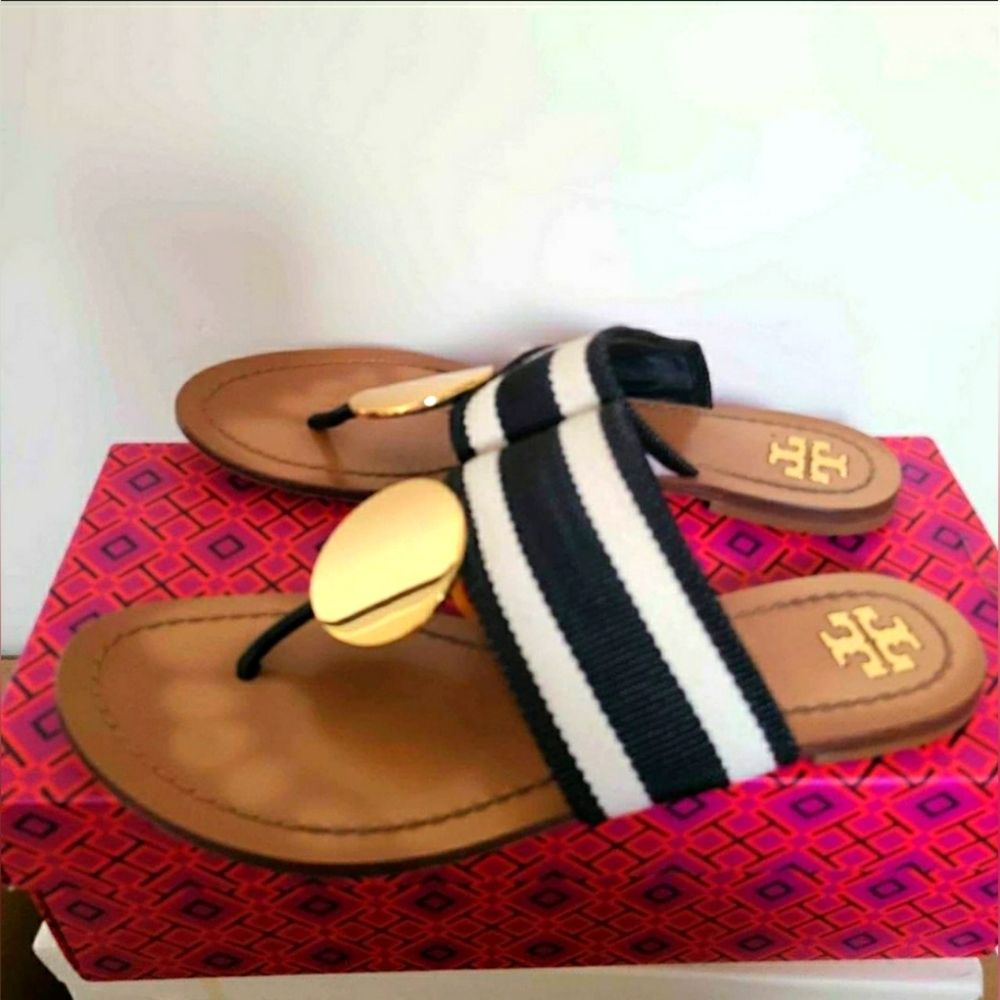 Tory Burch Designer Patos Stripe Leather Slide Sandals 7.5M